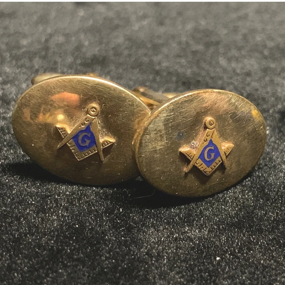 Vintage Masonic Cufflinks 1/20 12K Gold Filled Blue Enamel G Square Compasses